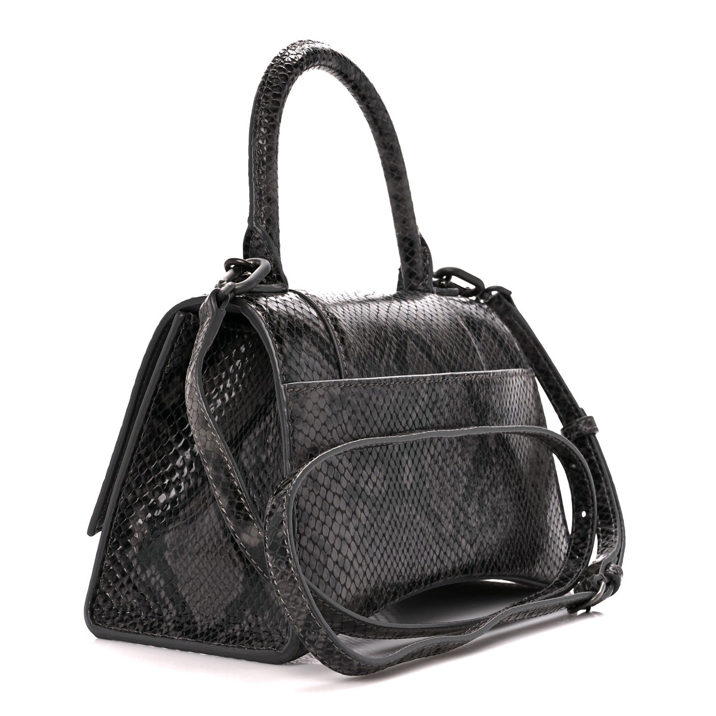 Shiny Calfskin Python Effect Small Hourglass Top Handle Bag Dark Grey Black