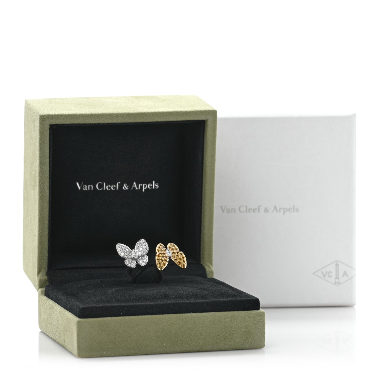 18K White Yellow Gold Diamond Yellow Sapphire Two Butterfly Between The Finger Ring  53 6.25
