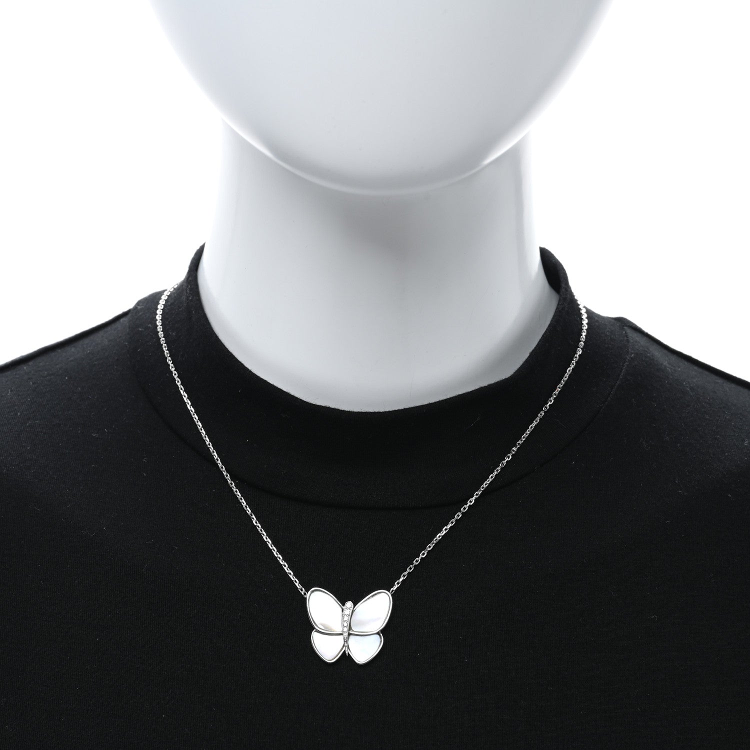 Van Cleef & Arpels 18K White Gold Mother of Pearl Diamond Butterfly Pendant Necklace 2 of 4