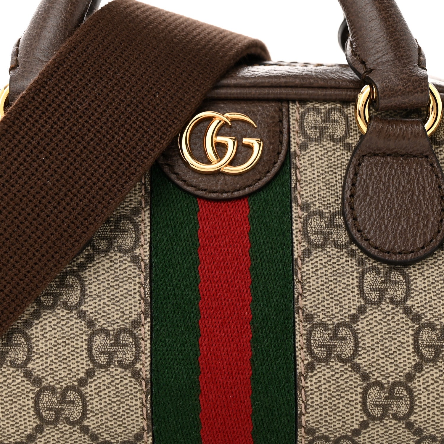 Gucci GG Supreme Monogram Textured Dollar Calfskin Web Mini Ophidia Top Handle Bowler Bag Beige Ebony New Acero 8 of 10