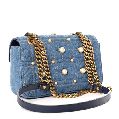 Gucci Denim Matelasse Pearl Studded Mini GG Marmont Shoulder Bag Blue 3 of 8