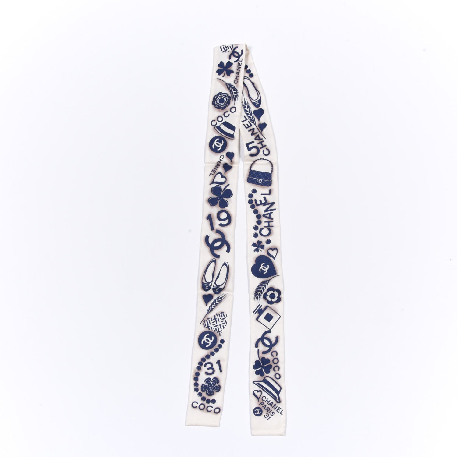 Chanel Silk CC Slim Bandeau Scarf White Blue 3 of 4