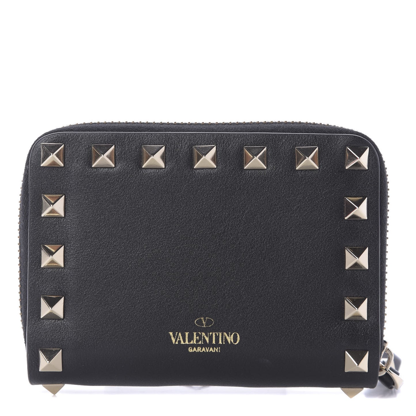 Calfskin Rockstud Zip Around Coin Case Card Holder Black