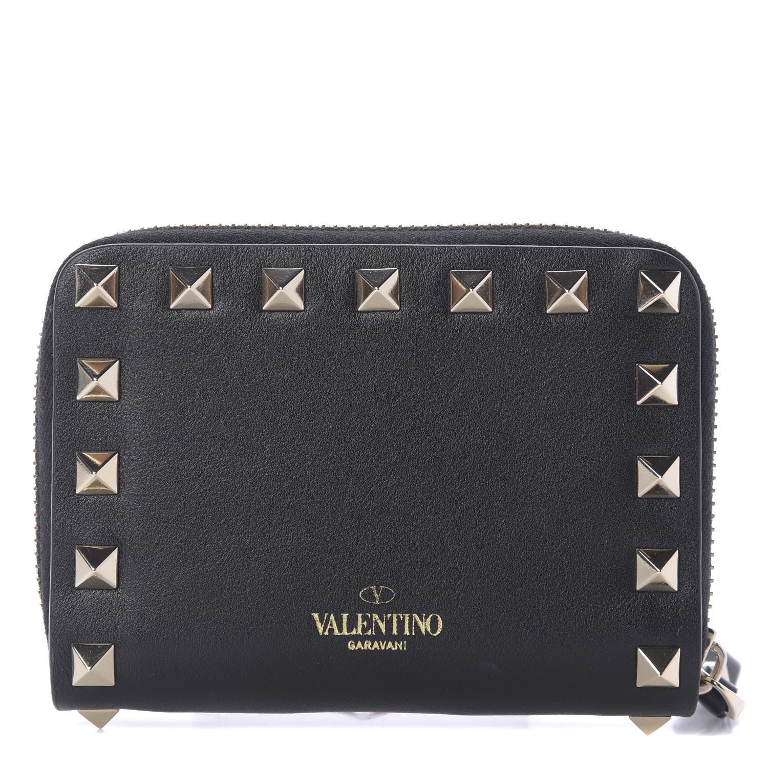 Valentino Garavani Calfskin Rockstud Zip Around Coin Case Card Holder Black 1 of 8