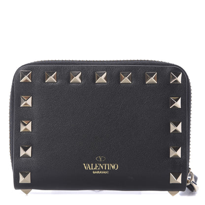 Valentino Garavani Calfskin Rockstud Zip Around Coin Case Card Holder Black 1 of 8