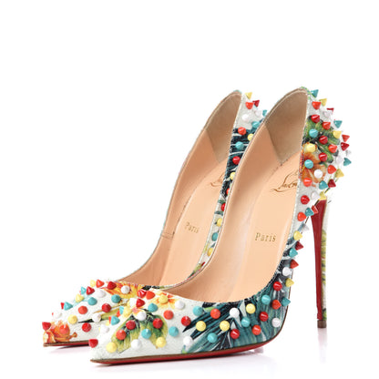 Christian Louboutin Crackled Calfskin Hawaiian Print Follies Spikes 120 Pumps 38.5 White Multi 3 of 10