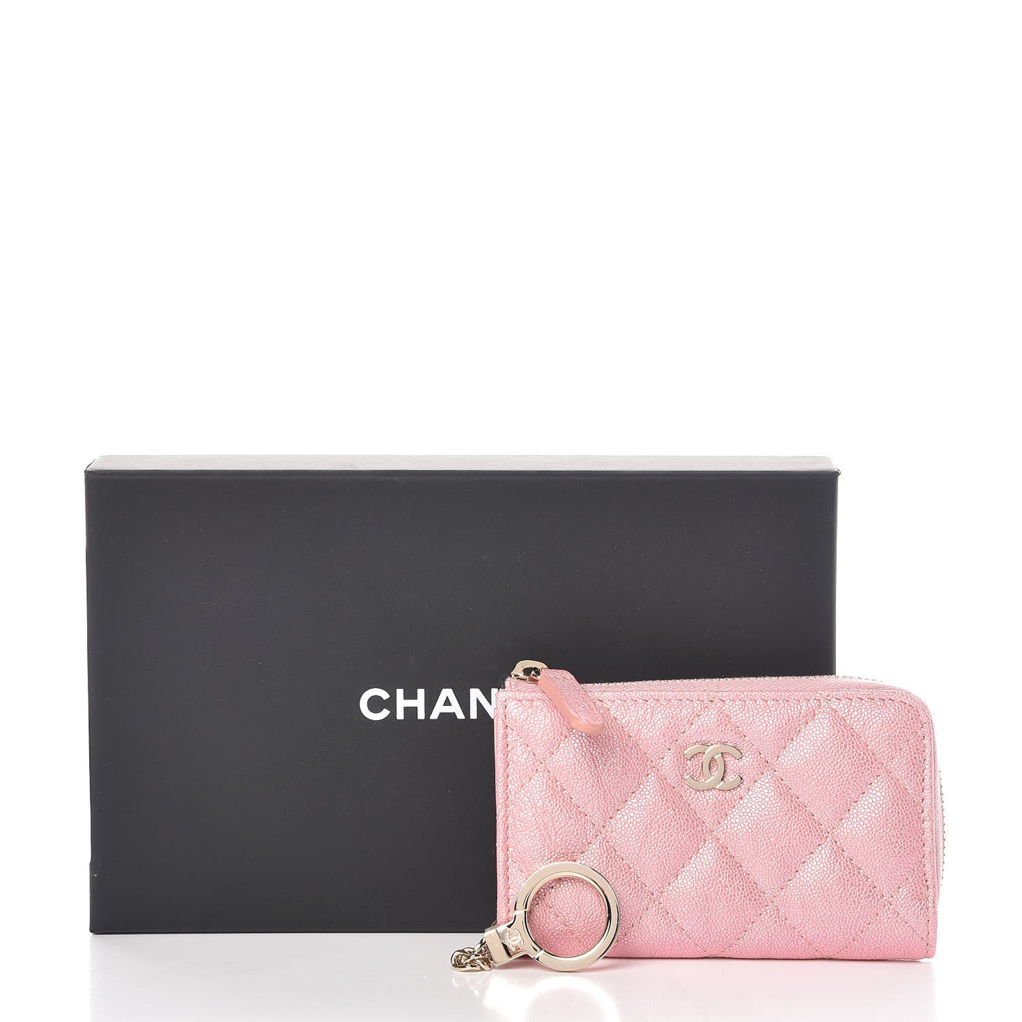 Iridescent Caviar Quilted Zipped Key Holder Case Rose Pink