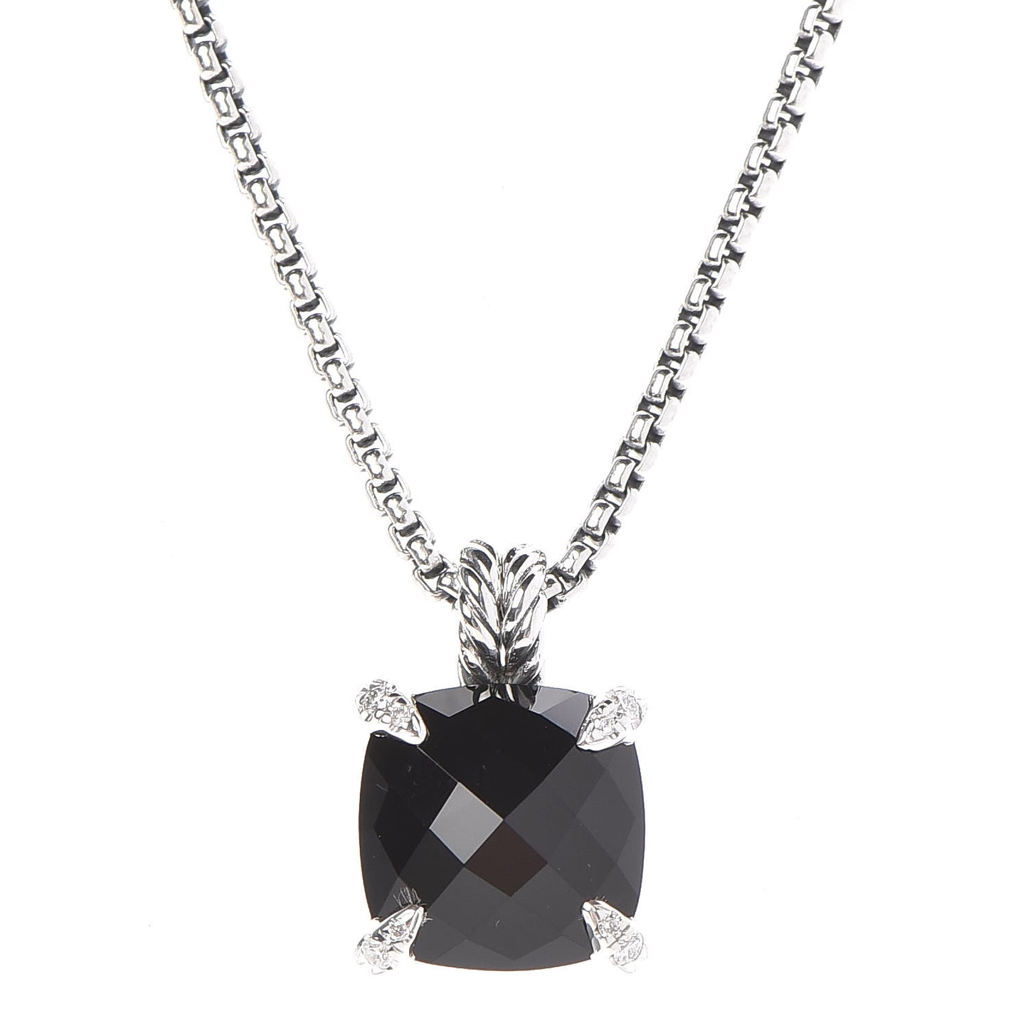 Sterling Silver Diamond Black Onyx 11mm Chatelaine Pendant Necklace