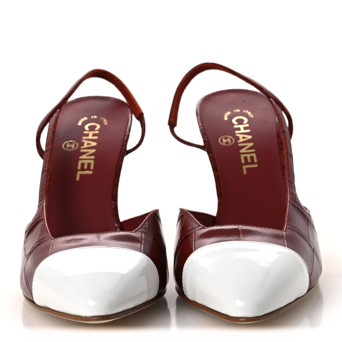 Patent Calfskin Crocodile Embossed Cap Toe CC Slingback Pumps 39 Dark Red White