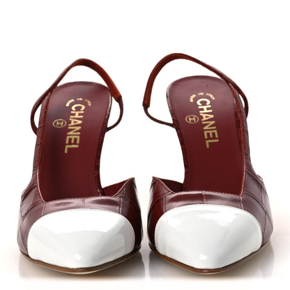 Chanel Patent Calfskin Crocodile Embossed Cap Toe CC Slingback Pumps 39 Dark Red White 3 of 11