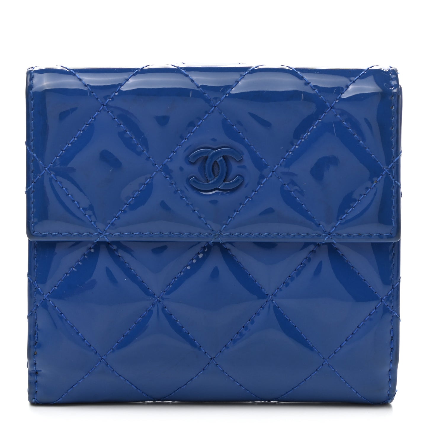 Patent Quilted Compact French Flap Wallet Blue