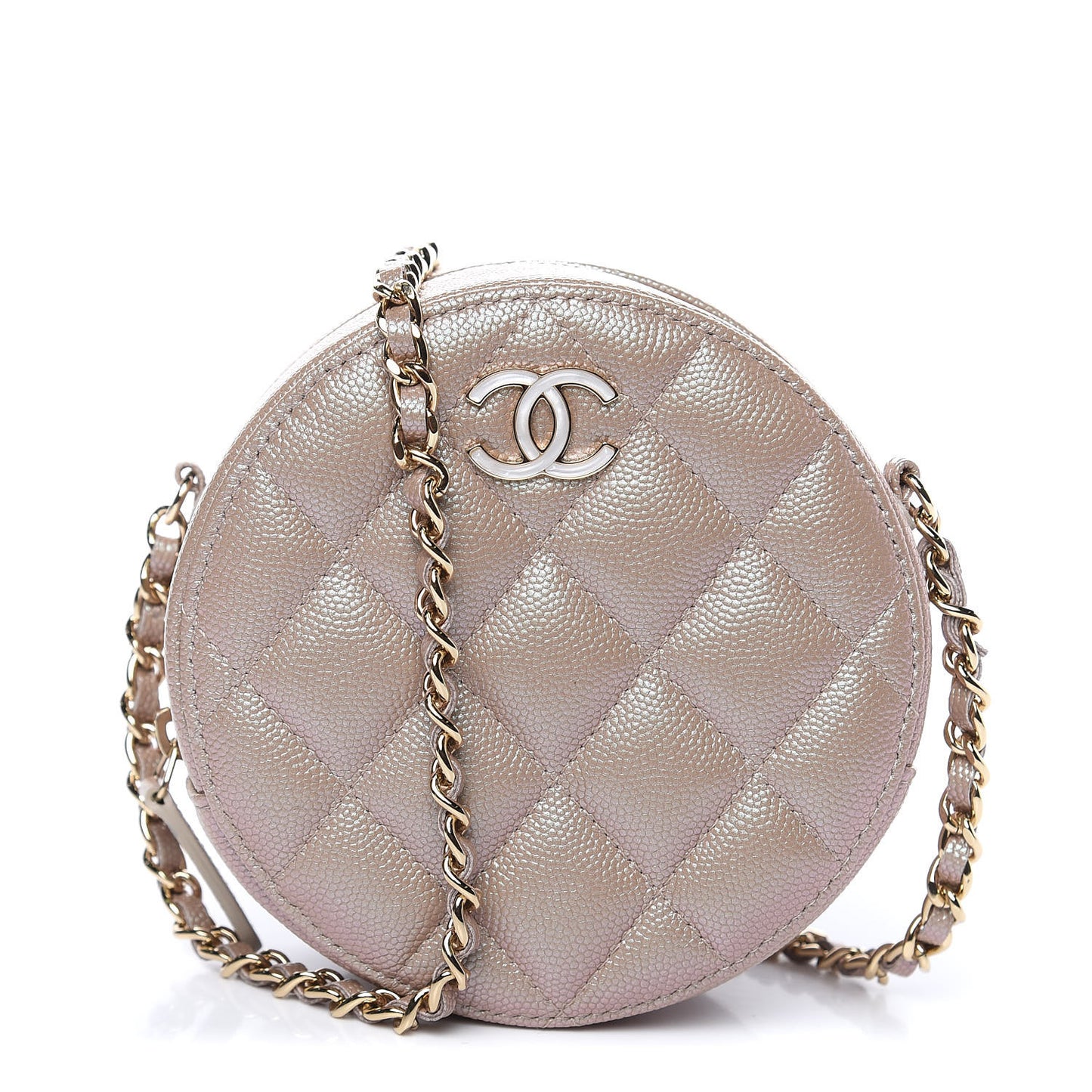 Iridescent Caviar Quilted Round Clutch With Chain Beige