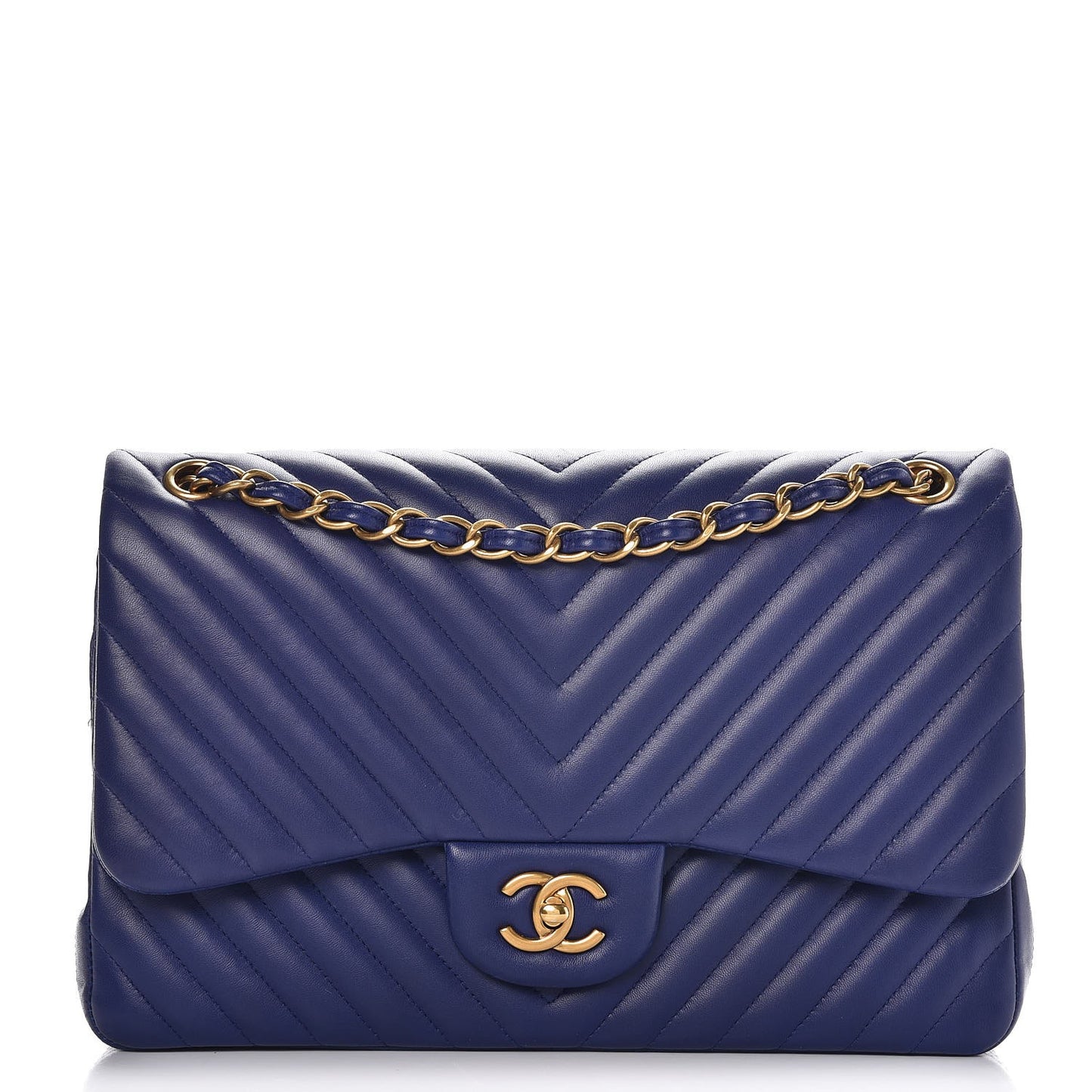 Lambskin Chevron Quilted Jumbo Double Flap Blue
