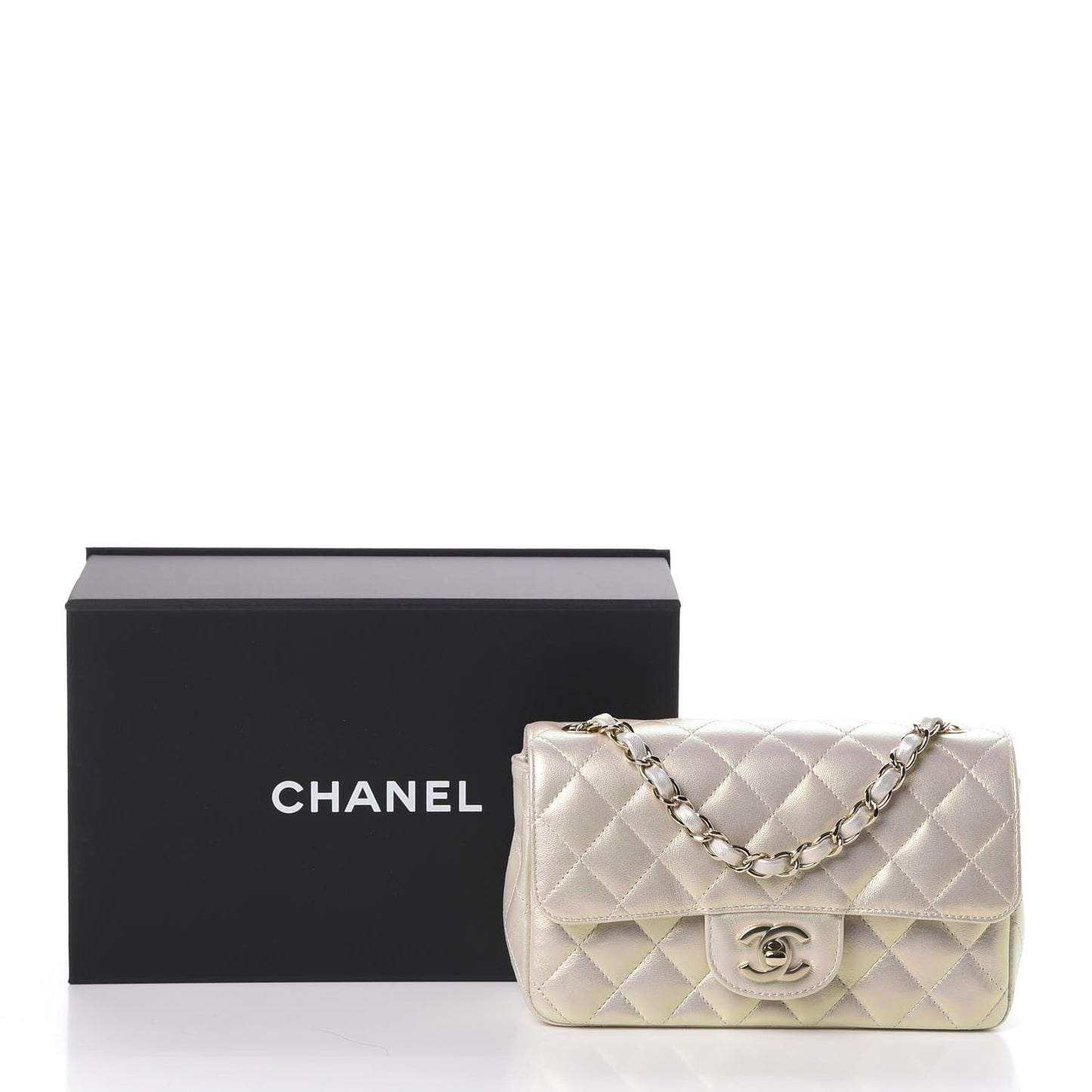 Iridescent Lambskin Quilted Mini Rectangular Flap Ivory