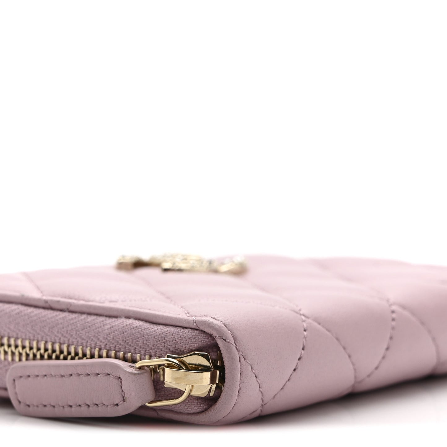 Lambskin Quilted Pearl Crystal CC Zip Around Coin Purse Wallet Pink