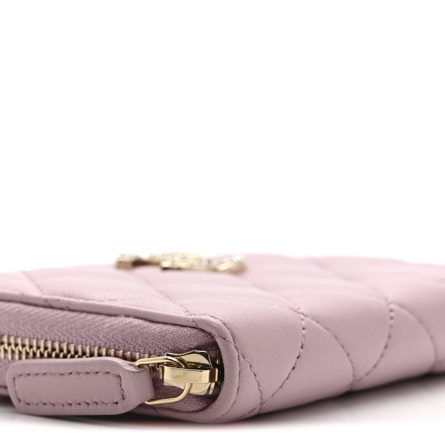 Chanel Lambskin Quilted Pearl Crystal CC Zip Around Coin Purse Wallet Pink 8 of 9