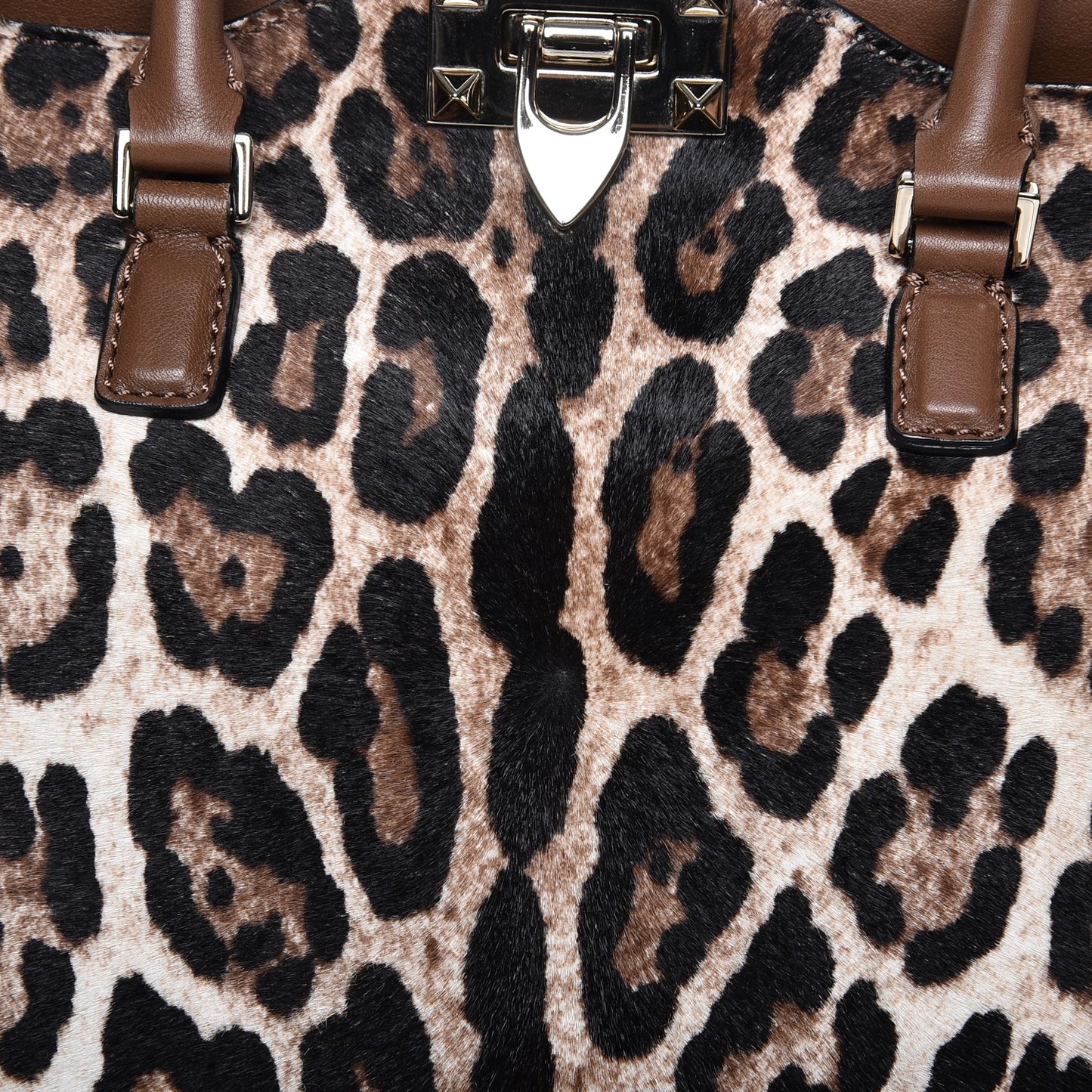 Calf Hair Mini Rockstud Double Handle Tote Leopard