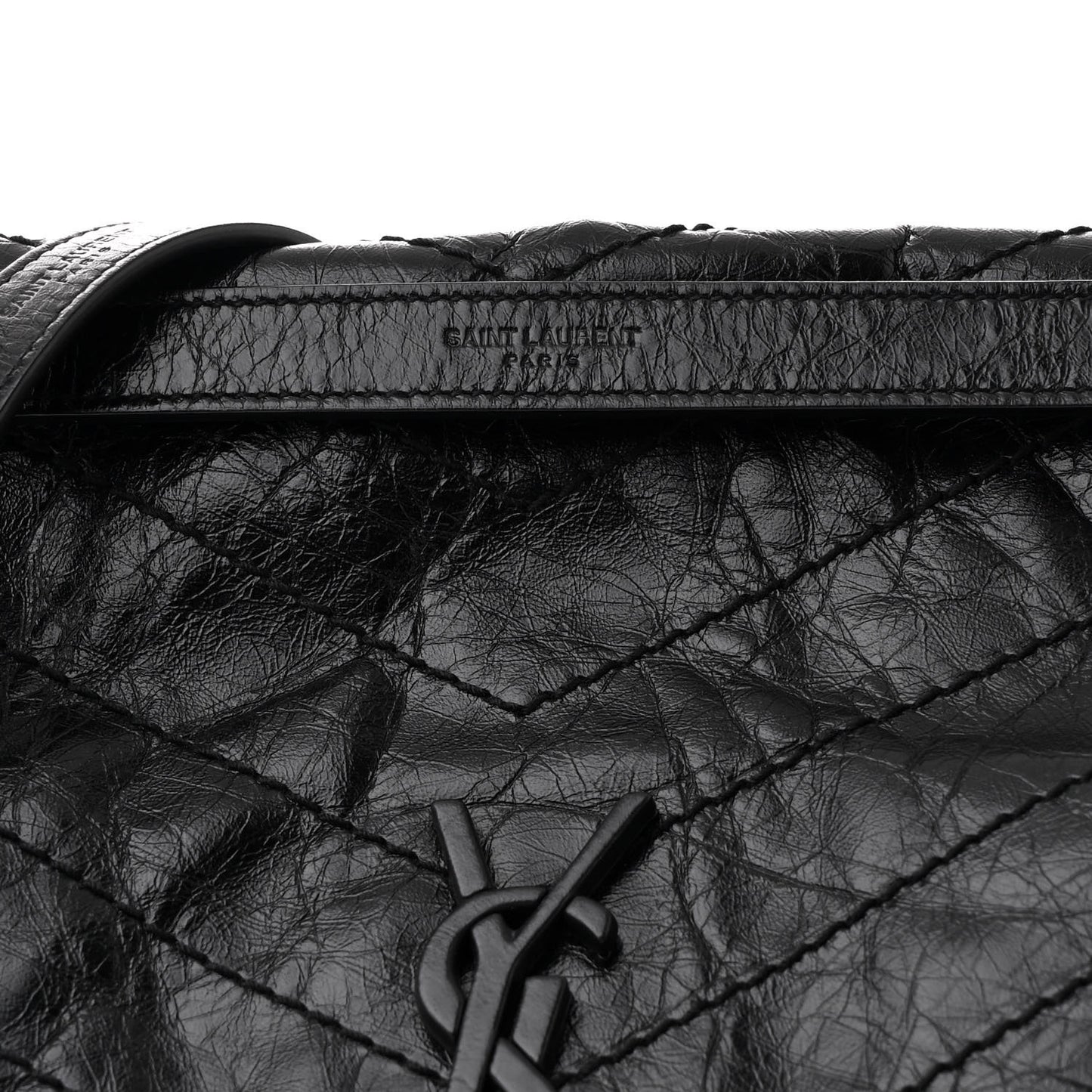 Crinkled Calfskin Matelasse Monogram Large Niki Chain Satchel Black