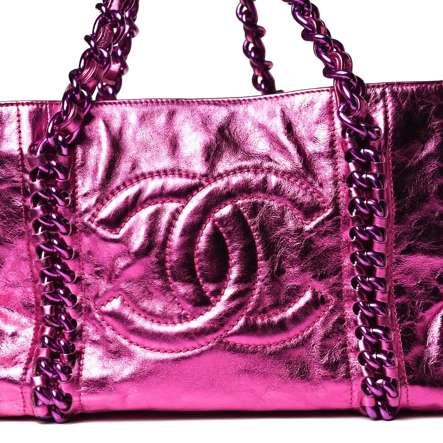 Metallic Cracked Calfskin Small Modern Chain Tote Fuchsia