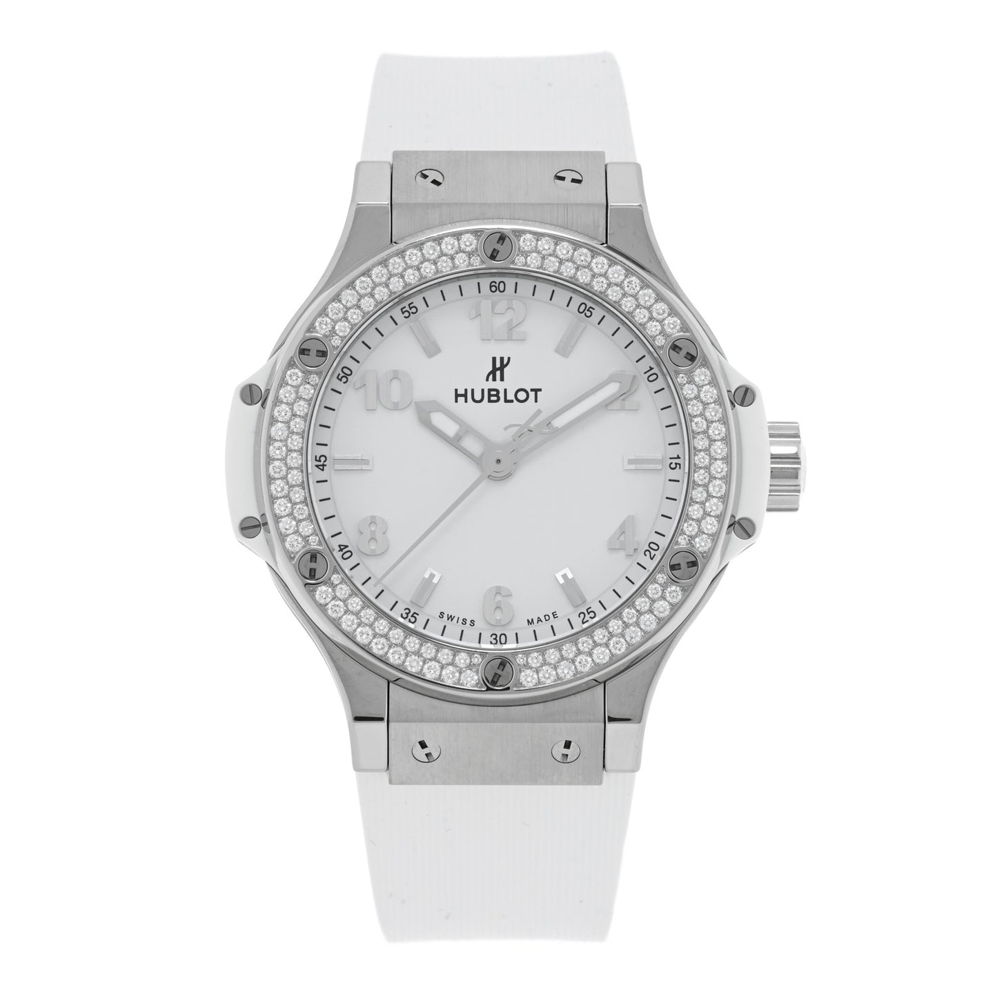 Stainless Steel Rubber Diamond Pave Bezel 38mm Big Bang Quartz Watch White 361.SE.2010.RW.1104