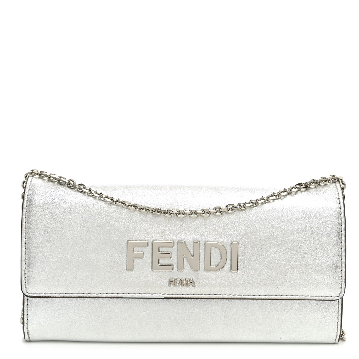 Fendi Metallic Calfskin Continental Wallet On Chain Argento 1 of 9