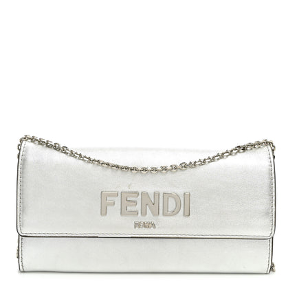 Fendi Metallic Calfskin Continental Wallet On Chain Argento 1 of 9