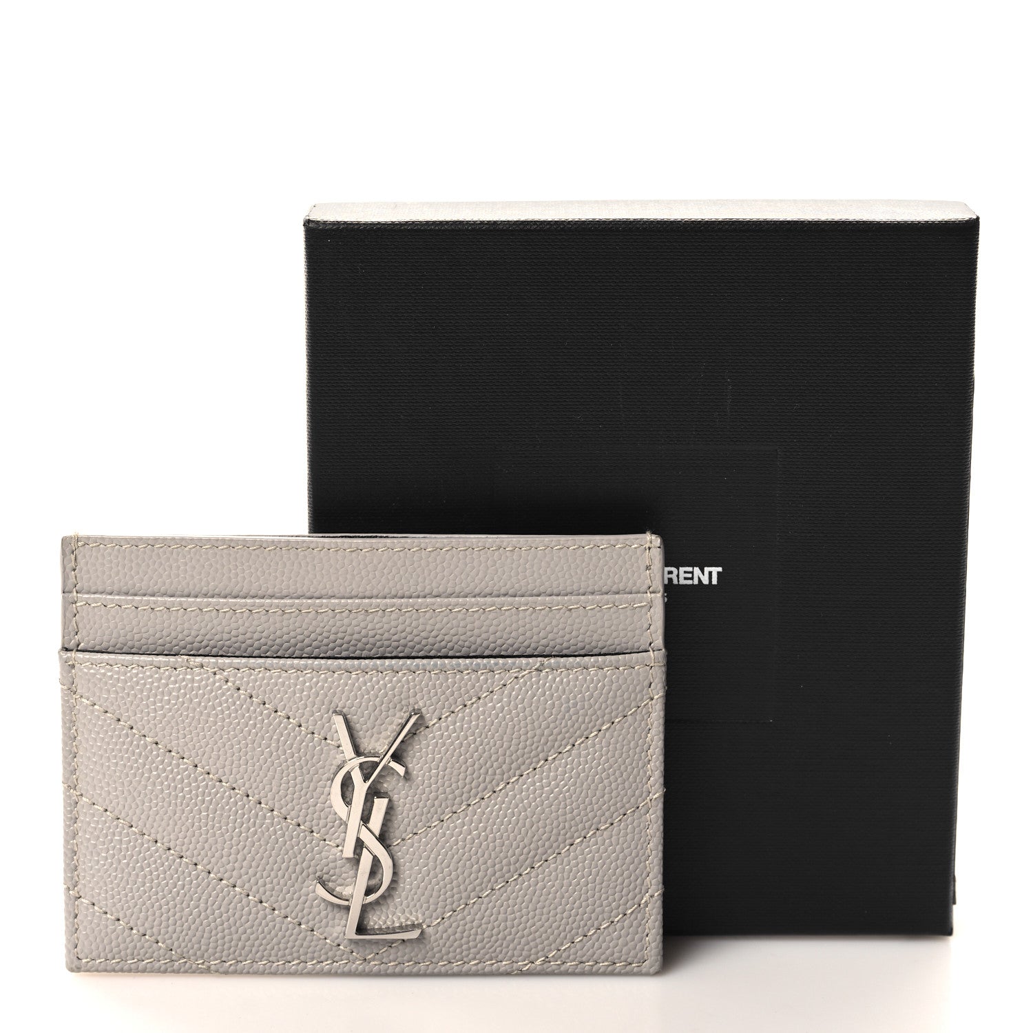 Saint Laurent Grain De Poudre Matelasse Chevron Monogram Credit Card Case Granite 8 of 8