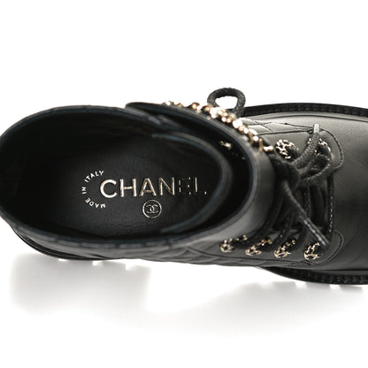 Chanel Shiny Lambskin Quilted Lace Up Combat Boots 37 Black 11 of 12
