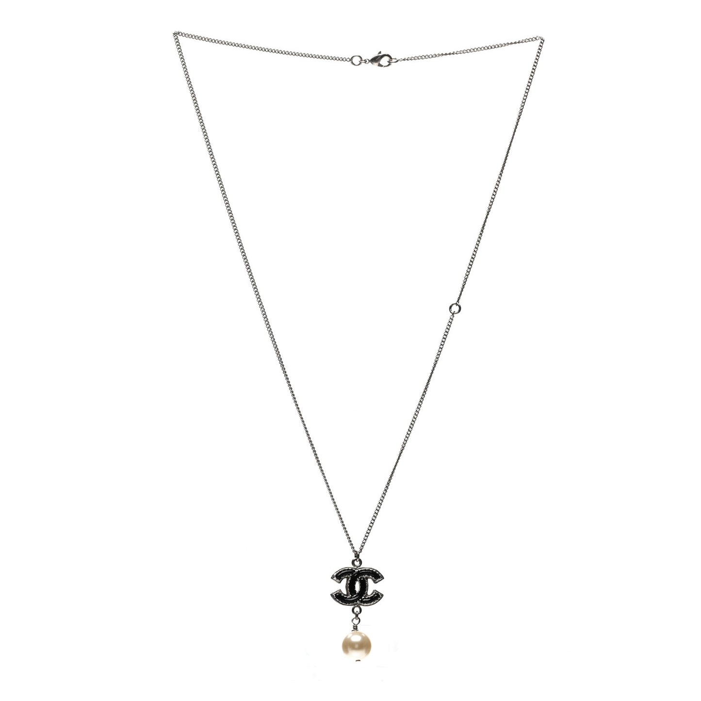 Enamel CC Pearl Drop Necklace Black Silver