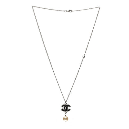 Chanel Enamel CC Pearl Drop Necklace Black Silver 3 of 5