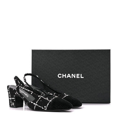 Chanel Tweed Sequins Corduroy Cap Toe CC Slingback Pumps 38 Black White 9 of 9