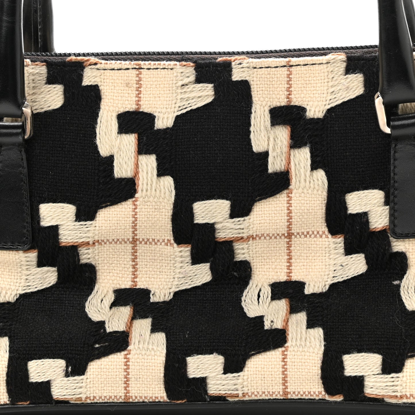 Wool Calfskin Houndstooth Top Handle Bag Black White