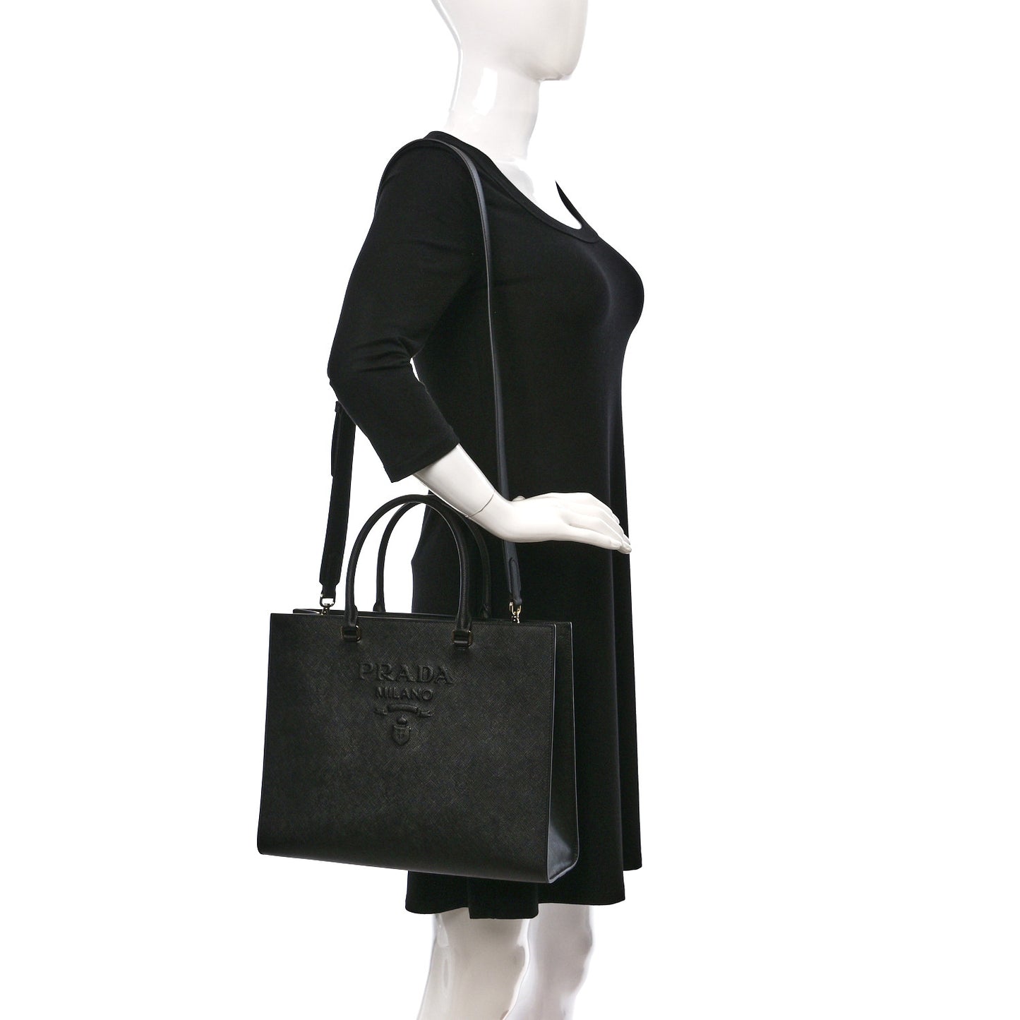 Saffiano Lux Logo Embossed Large Shoulder Tote Handbag Black