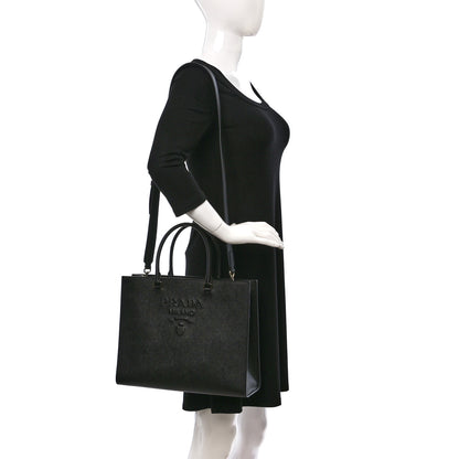 Prada Saffiano Lux Logo Embossed Large Shoulder Tote Handbag Black 2 of 8