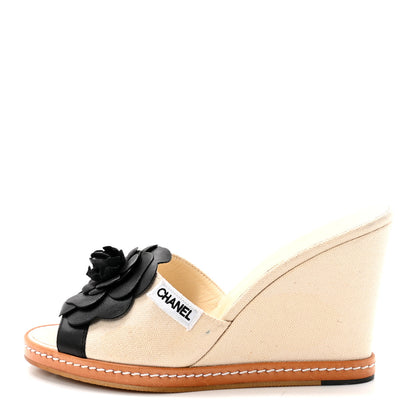 Chanel Canvas Camellia Wedge Sandals 38 Off White 1 of 9