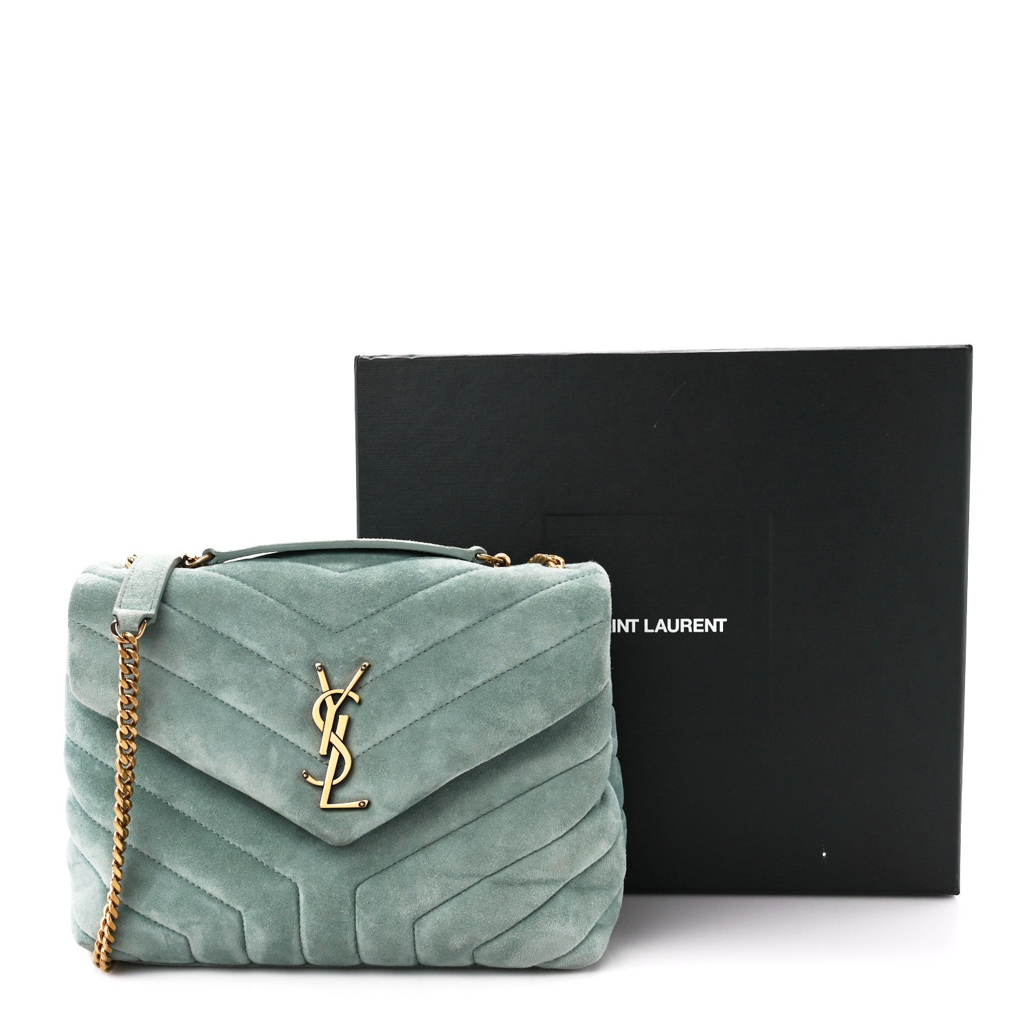 Saint Laurent Suede Calfskin Y Quilted Monogram Small Loulou Chain Satchel Vert Opaline 13 of 13