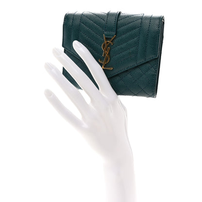 Saint Laurent Grain De Poudre Mixed Matelasse Triquilt Monogram Compact Tri Fold Wallet Sea Turquois 2 of 8