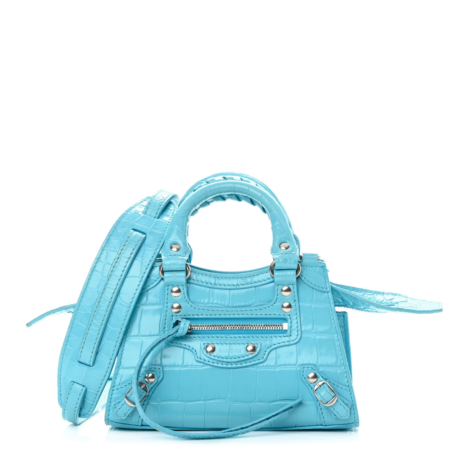 Balenciaga Calfskin Crocodile Embossed Neo Classic Silver Hardware Nano City Crossbody Azur 1 of 15