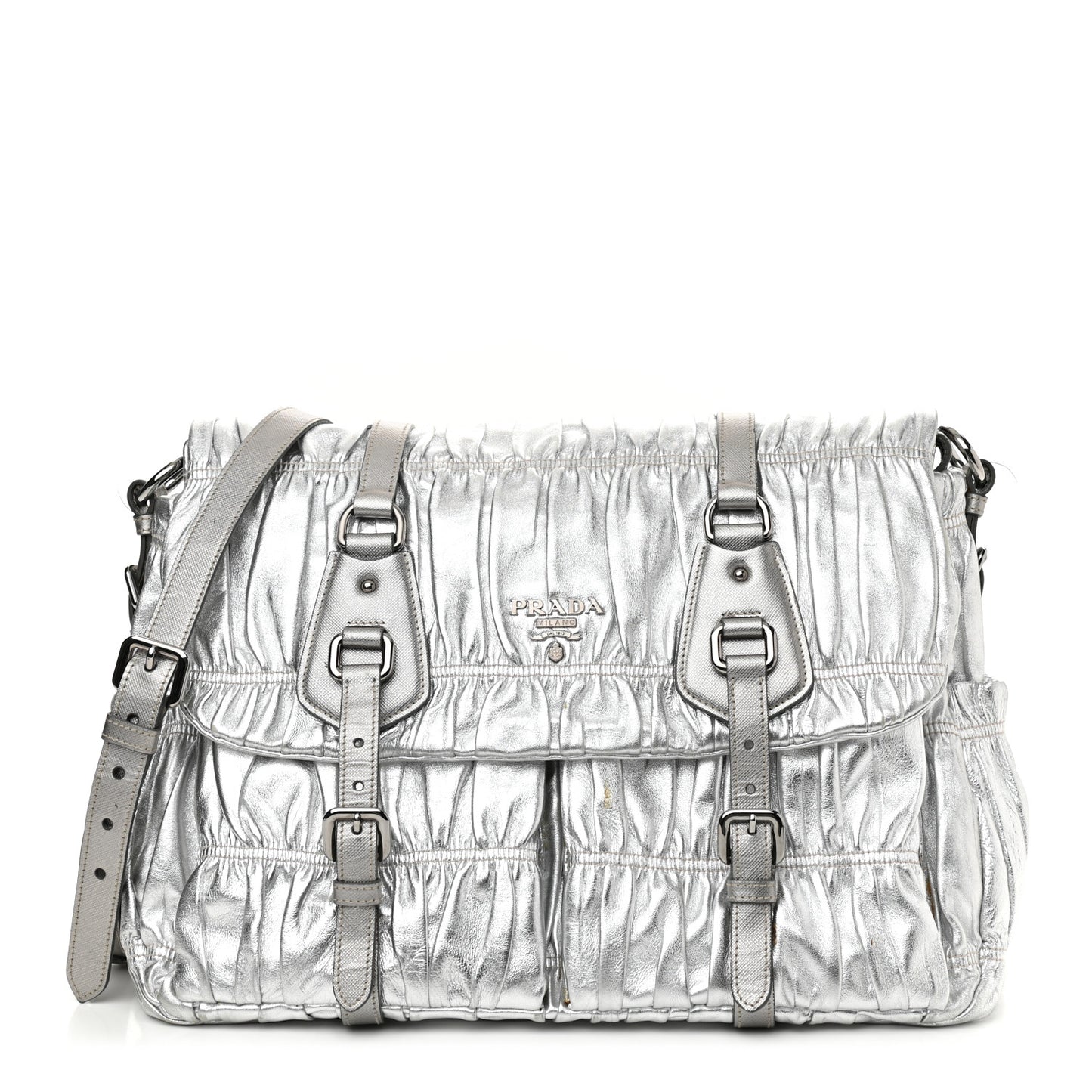 Metallic Nappa Gaufre Messenger Tote Silver