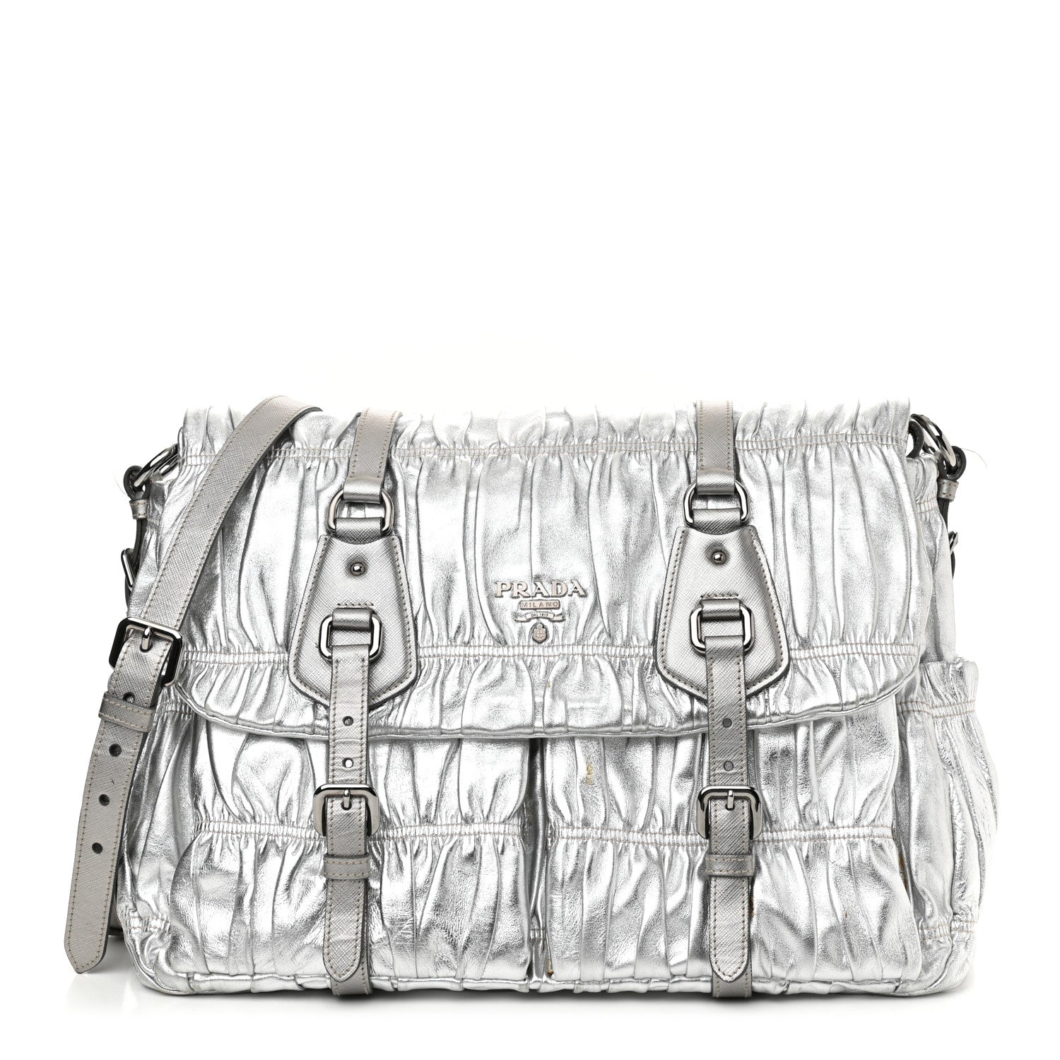 Prada Metallic Nappa Gaufre Messenger Tote Silver 1 of 20
