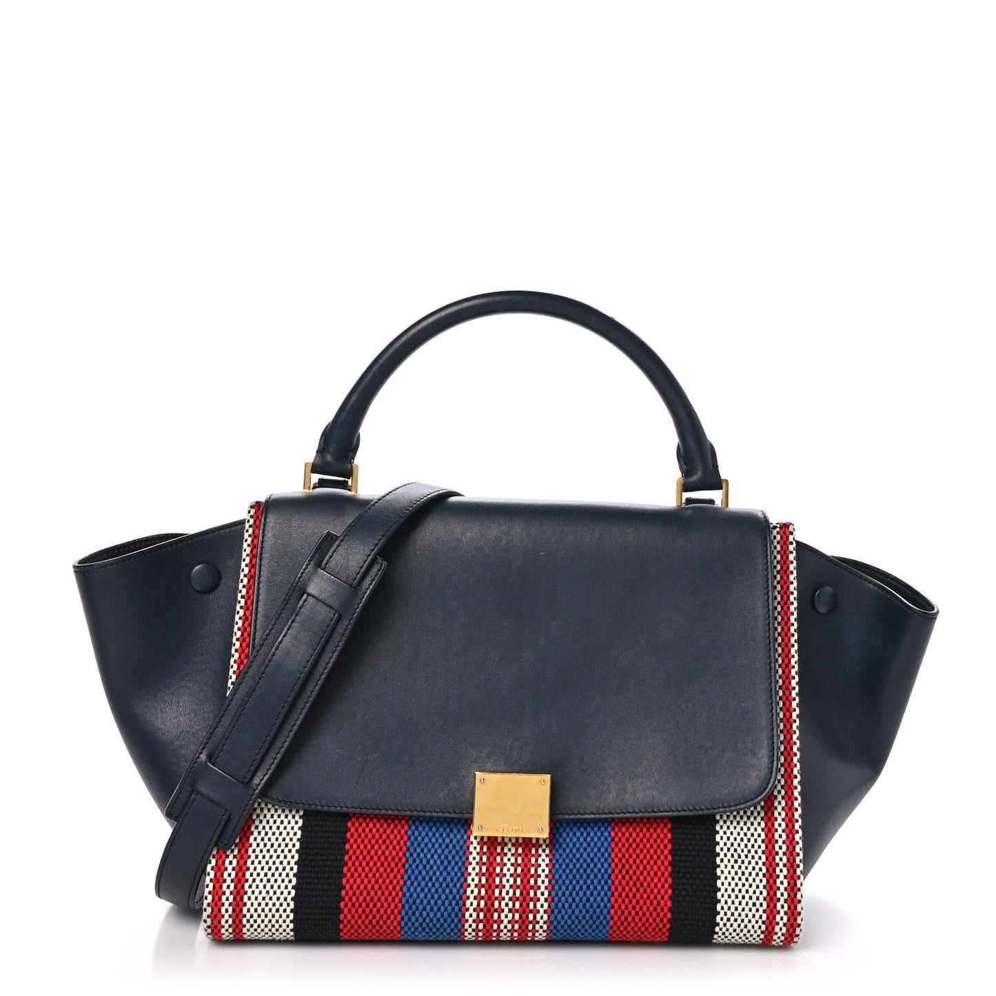 Smooth Calfskin Striped Canvas Small Trapeze Navy Blue