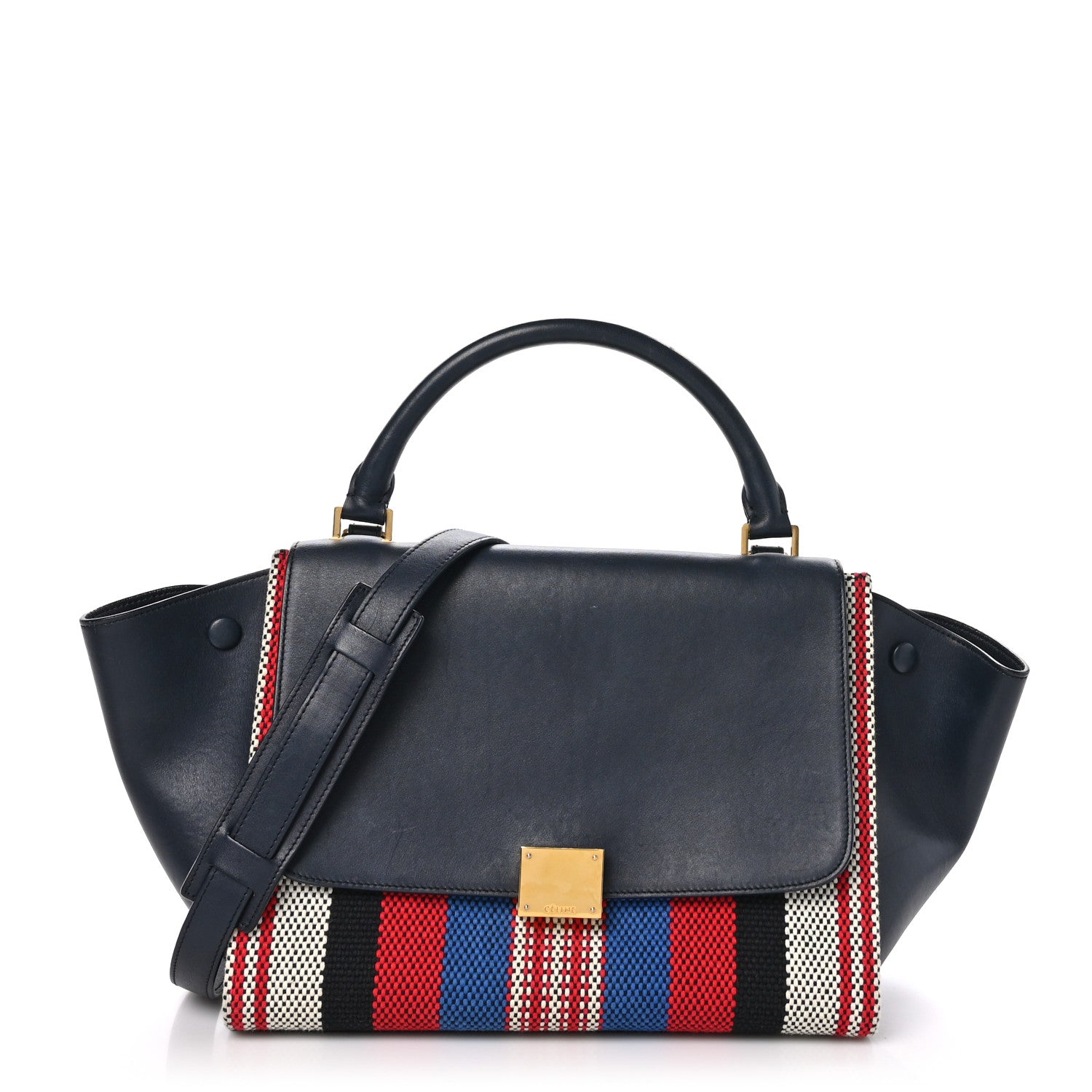 Celine Smooth Calfskin Striped Canvas Small Trapeze Navy Blue 1 of 9