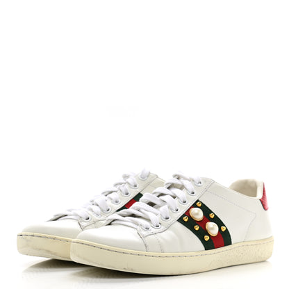 Gucci Calfskin Web Pearl Studded Womens Ace Sneakers 35.5 White 3 of 13