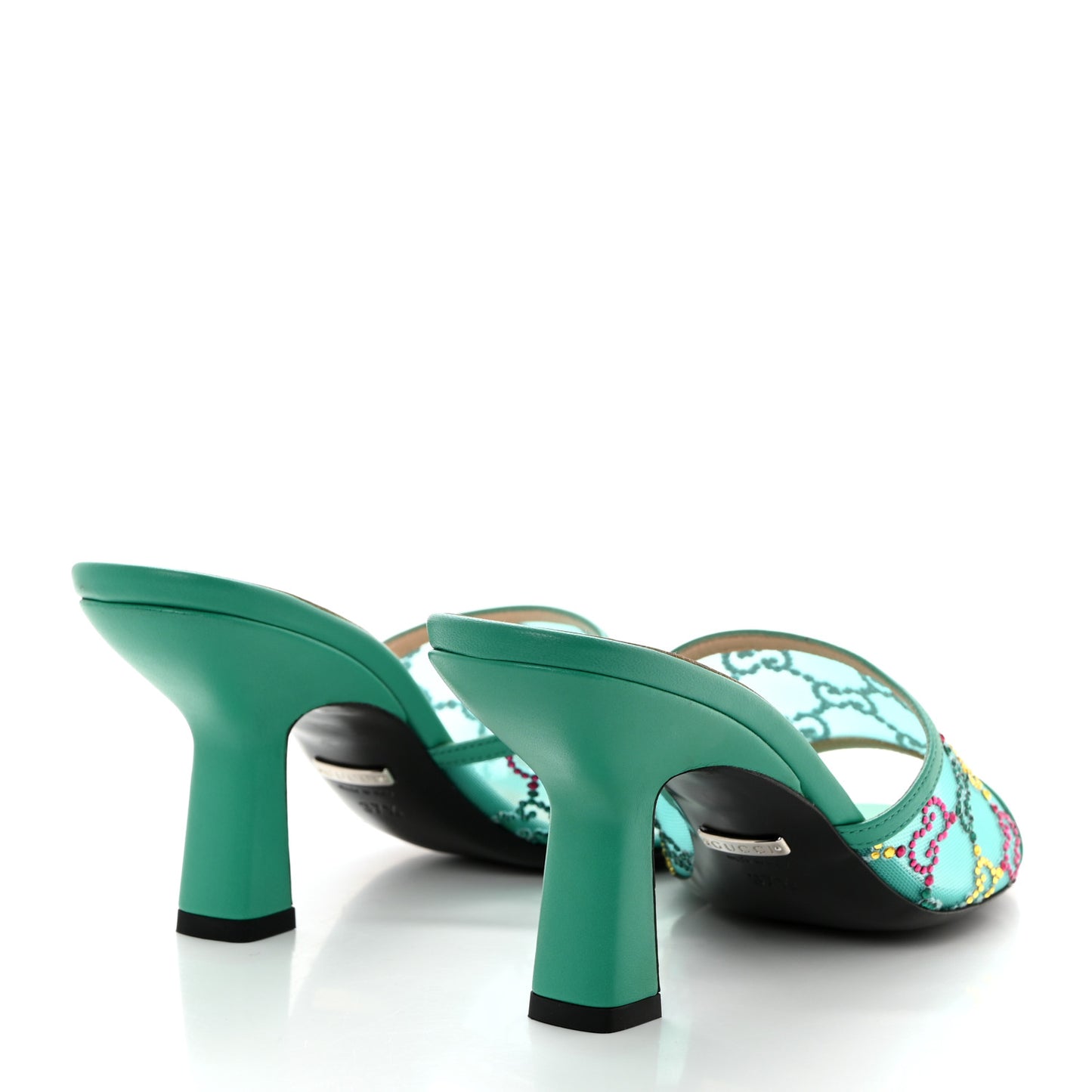 Tela Retino Nappa Crystal GG Monogram Square G 95mm Slide Sandals 37.5 Turquoise