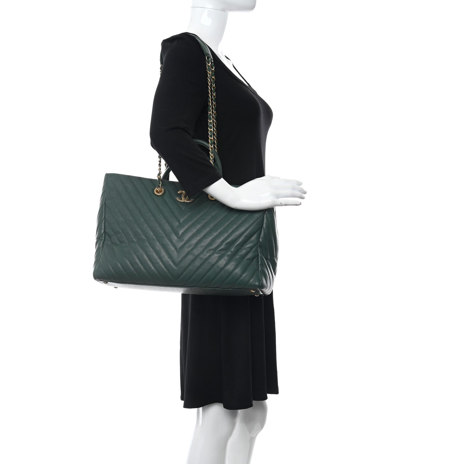 Chanel Caviar Chevron Quilted Large Coco Handle Shopping Tote Dark Green 2 of 10