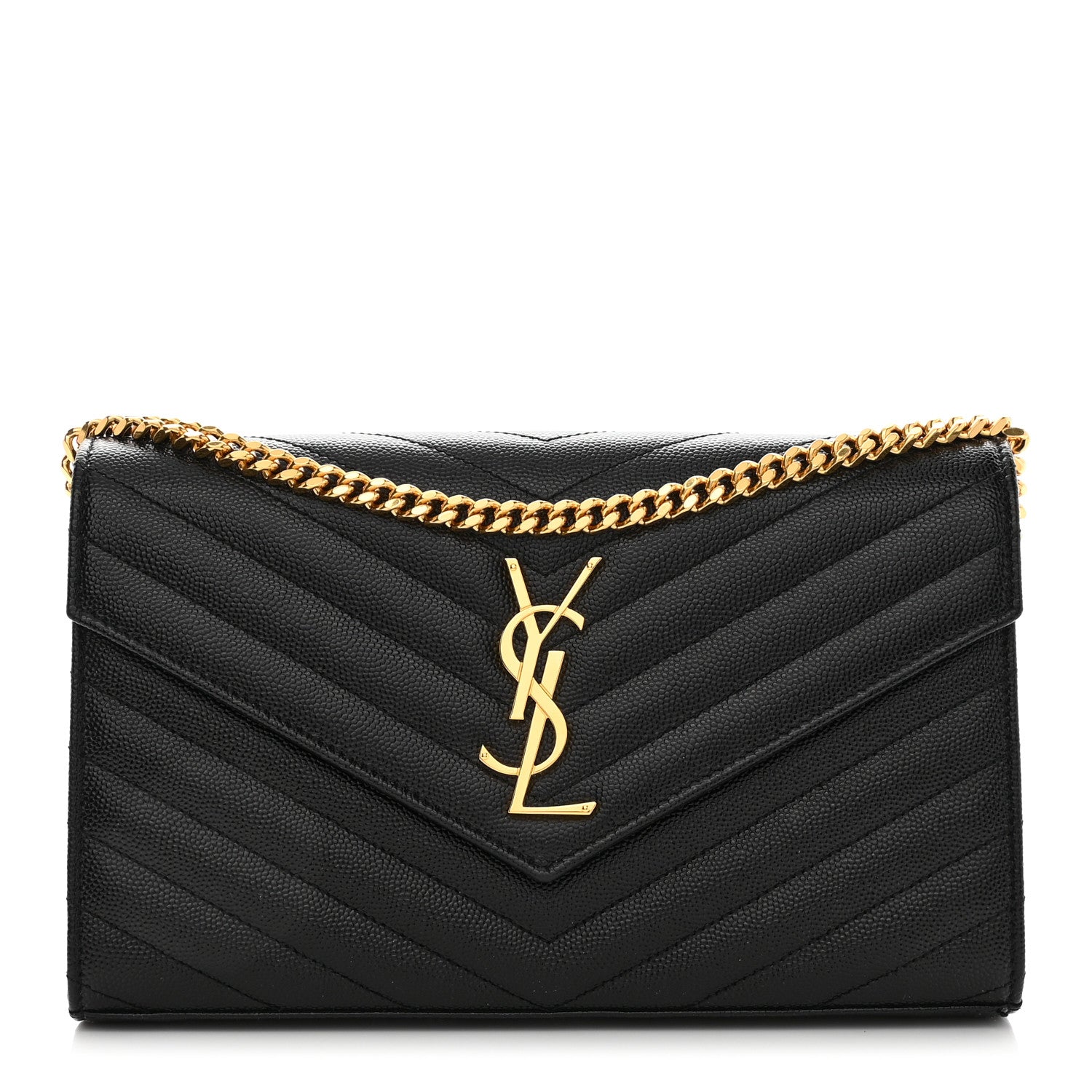 Saint Laurent Grain De Poudre Matelasse Chevron Monogram Chain Wallet Black 1 of 8