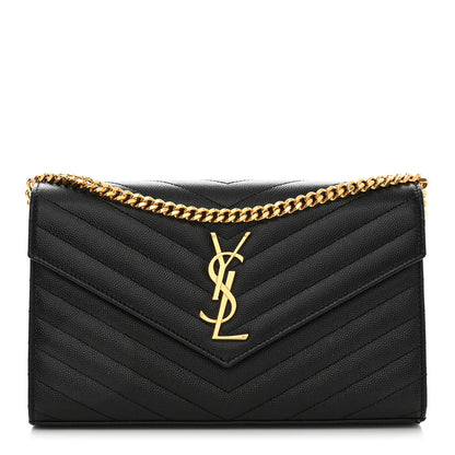 Saint Laurent Grain De Poudre Matelasse Chevron Monogram Chain Wallet Black 1 of 8
