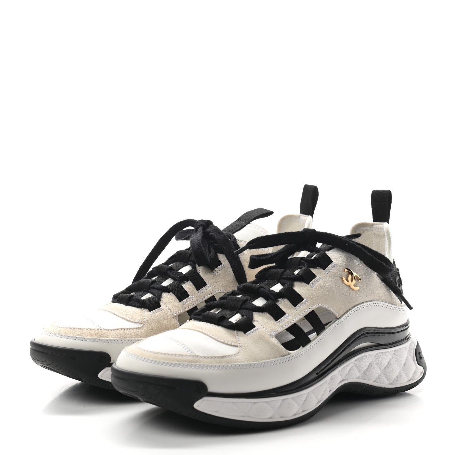 Chanel Fabric Calfskin Suede CC Sneakers 40 White Black 3 of 8