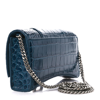 Balenciaga Shiny Calfskin Crocodile Embossed Hourglass Chain Bag Dark Petrol Blue 3 of 11