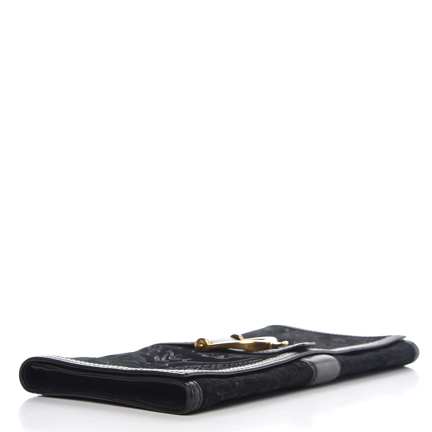 Gucci Suede Calfskin Brocade Soft Stirrup Clutch Black 4 of 11